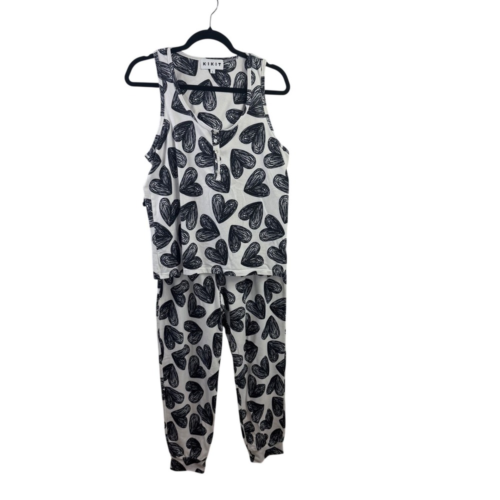 KIKIT Pajama Set Sleeveless and Joggers White With Black Hearts Size Large